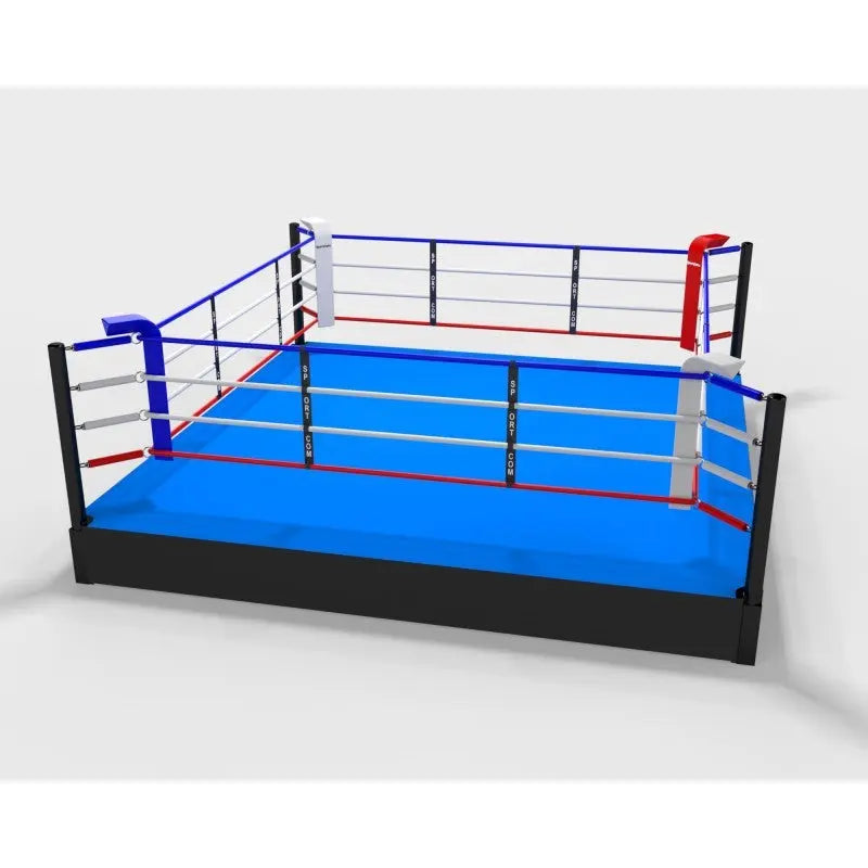 SportCom Pro-Trainingsboxring mit 50 cm Podium, Render der Variante 5 x 5 m mit blauem Boden