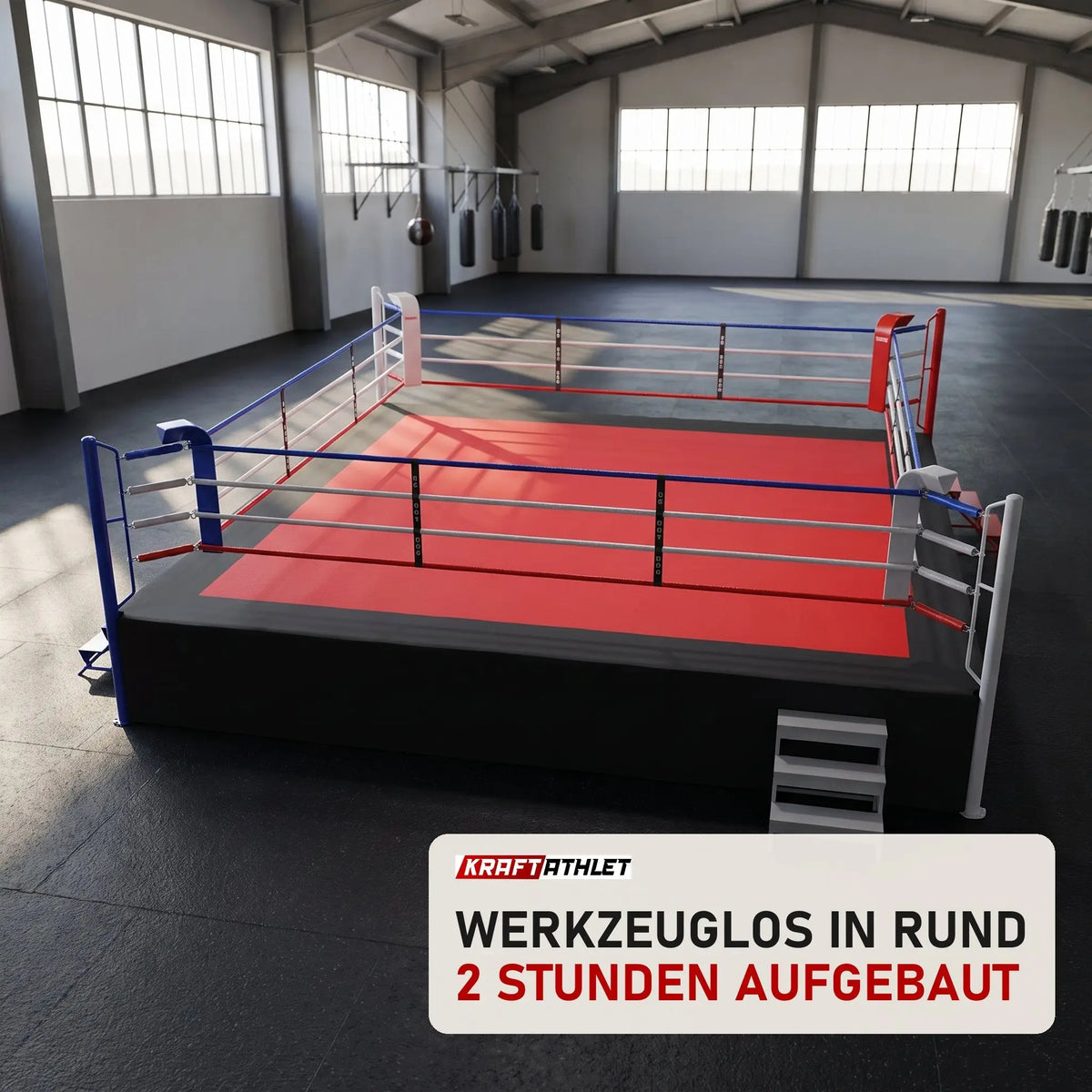 SportCom Pro-Wettkampf-Boxring mit 1 m Podium in einer hellen Kampfsporthalle