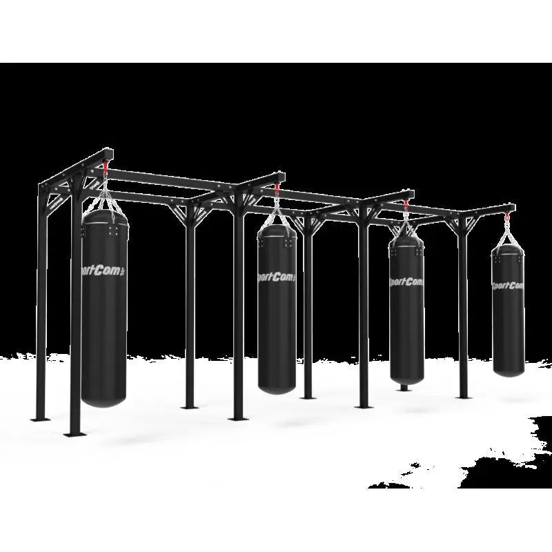 SportCom Proboxe Wandstation für Sandsäcke, Render der langen Station mit fünf Sandsäcken vor Schwarz