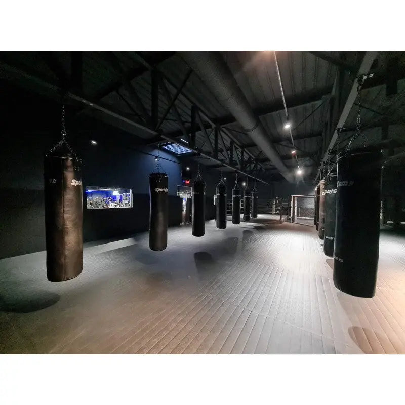 SportCom Überkopf-Förderschiene für Sandsäcke, in einem dunklen Gym mit Bildschirm an der Wand