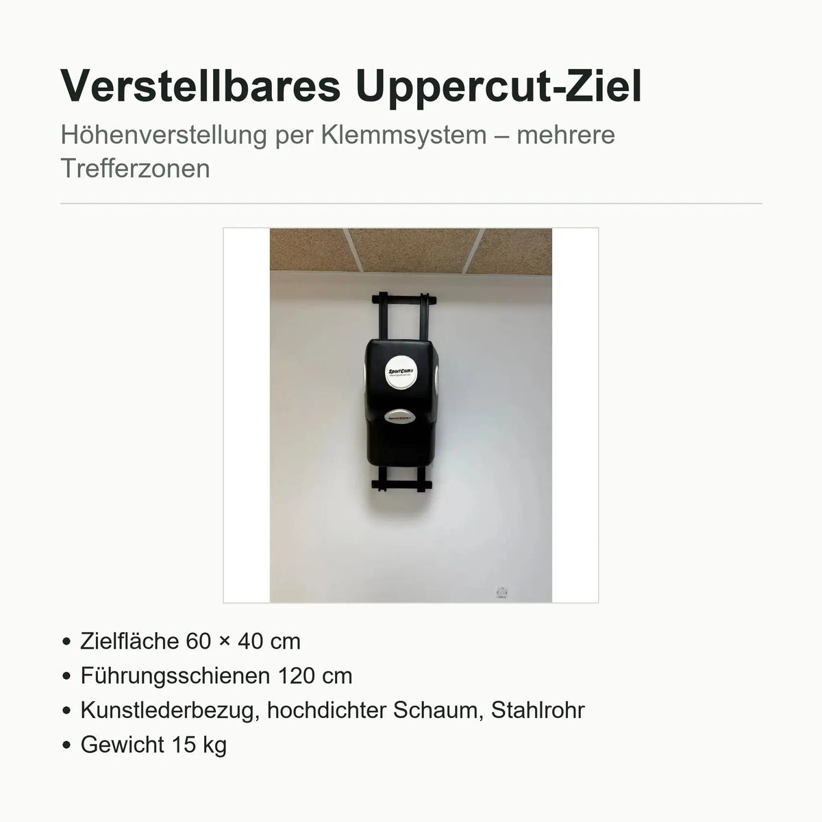 SportCom Uppercut-Ziel verstellbar: Übersicht mit Produktfoto und Stichpunkten zu Zielfläche, Schienen und Material