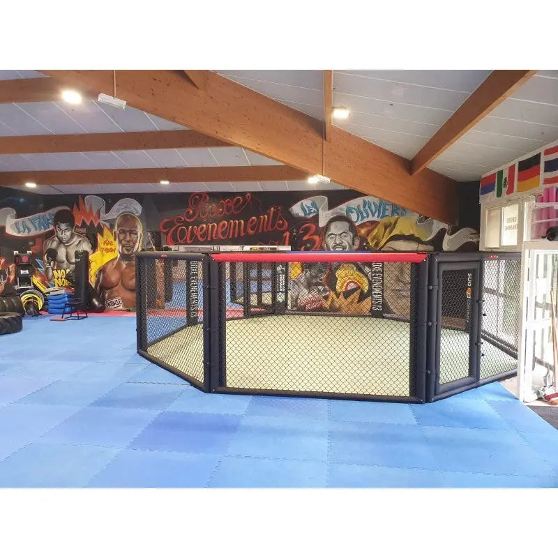 SportCom Wettkampf-MMA-Käfig 7 m auf Podium, in einem Kampfsportgym mit bunter Wandbemalung und blauen Matten
