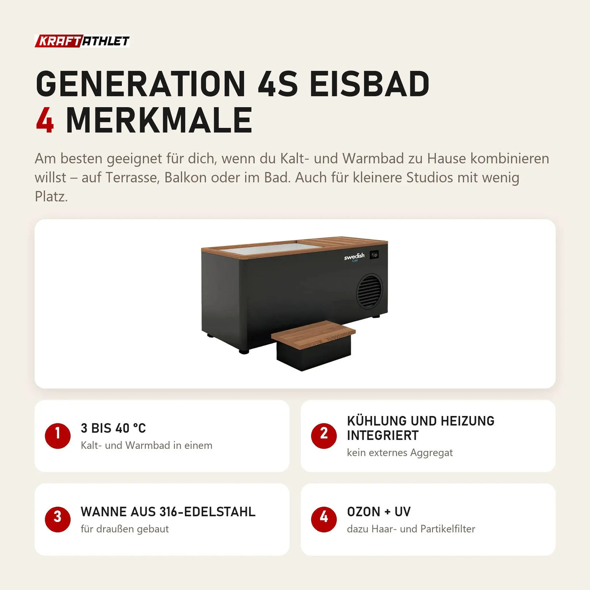 Swedish Cold Generation 4S Eisbad mit 4 Merkmalen: 3 bis 40 °C, Kühlung und Heizung integriert, Wanne aus 316-Edelstahl, Ozon + UV