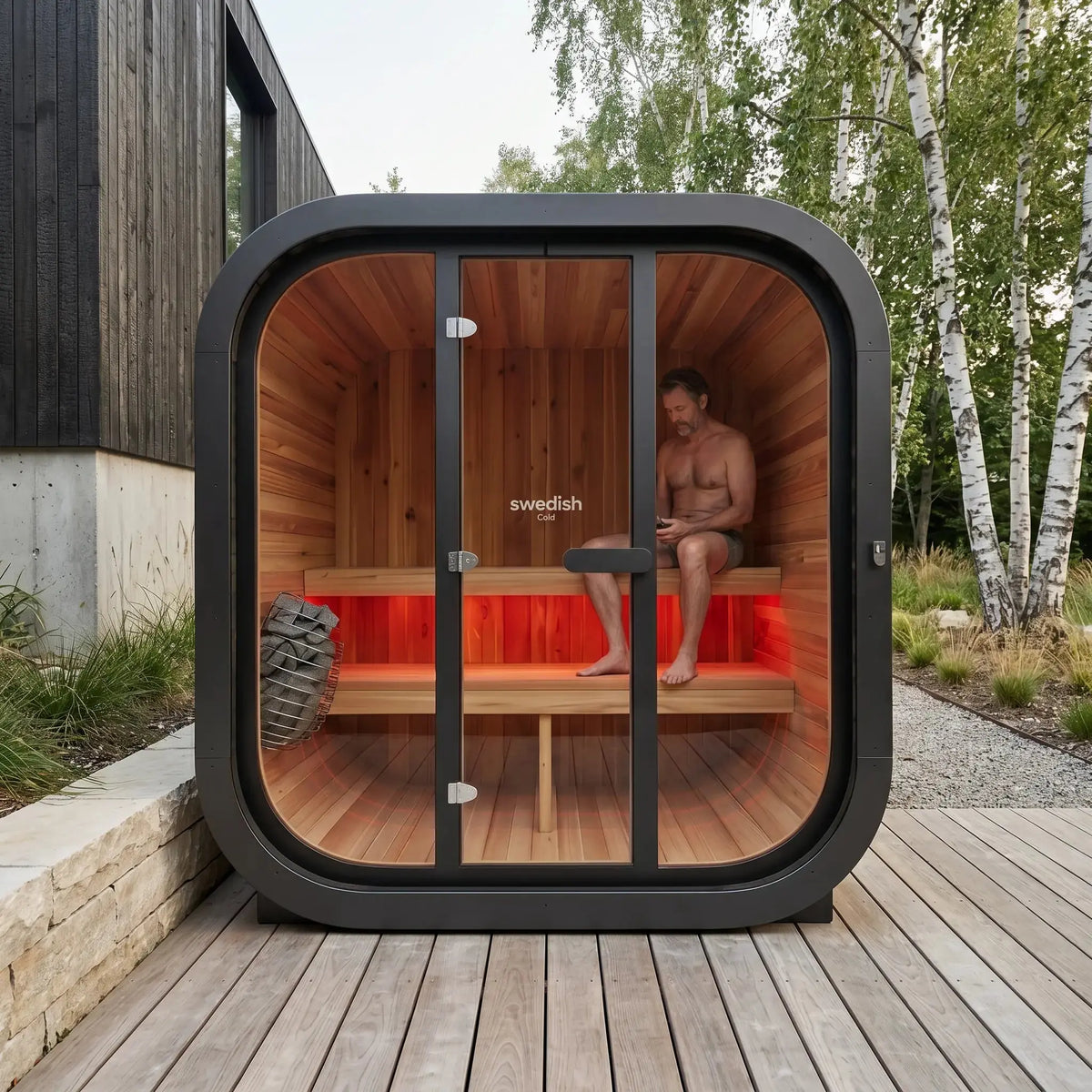Swedish Cold Grand Lodge Außensauna, auf einer Holzterrasse mit Person im Innenraum