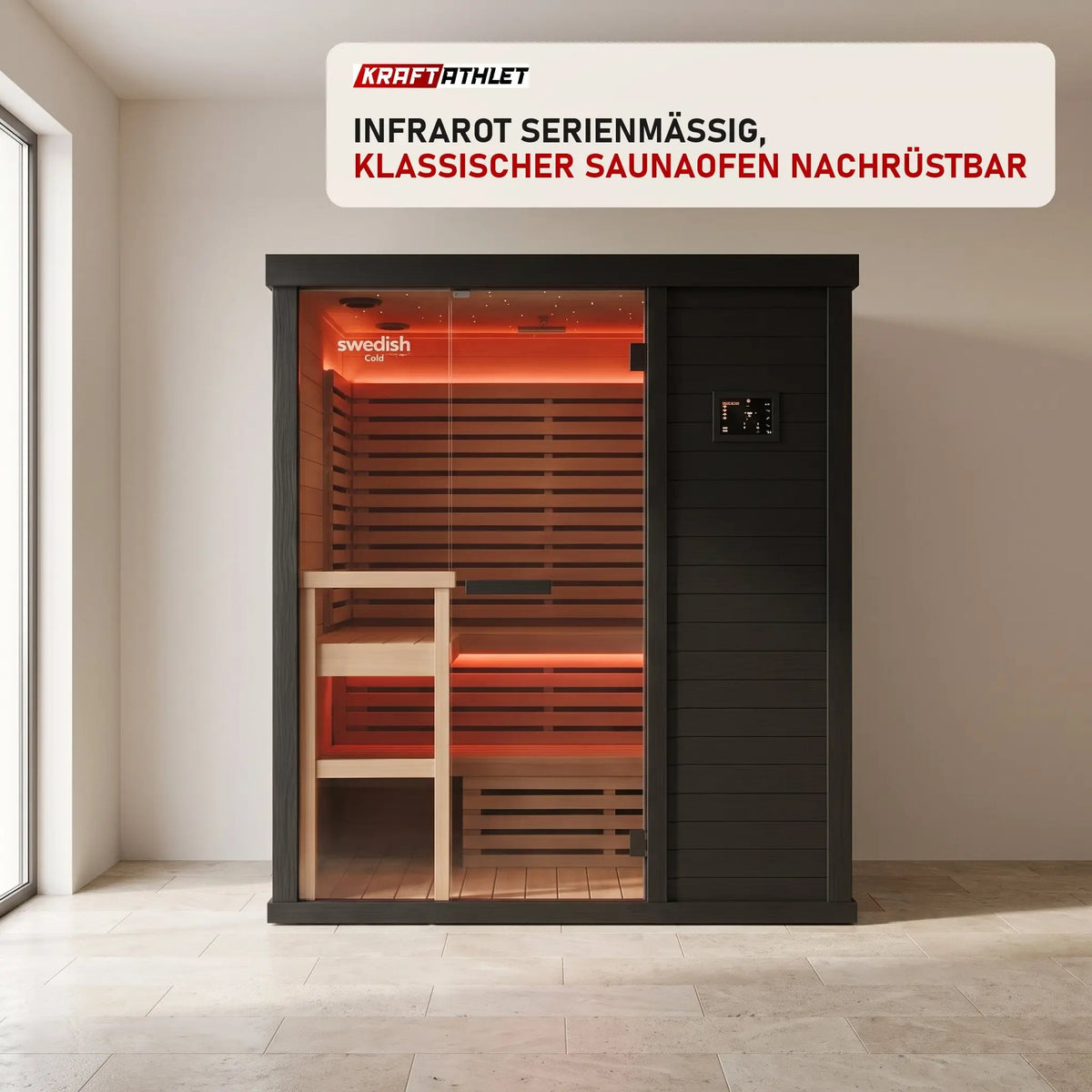 Swedish Cold Hybrid Sauna in einem hellen Wellnessraum