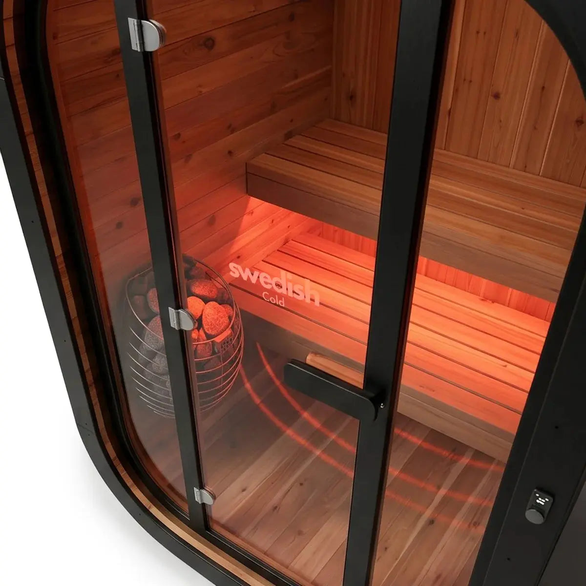 Swedish Cold Private Escape Außensauna, Detail der Glastür mit Blick in den Innenraum
