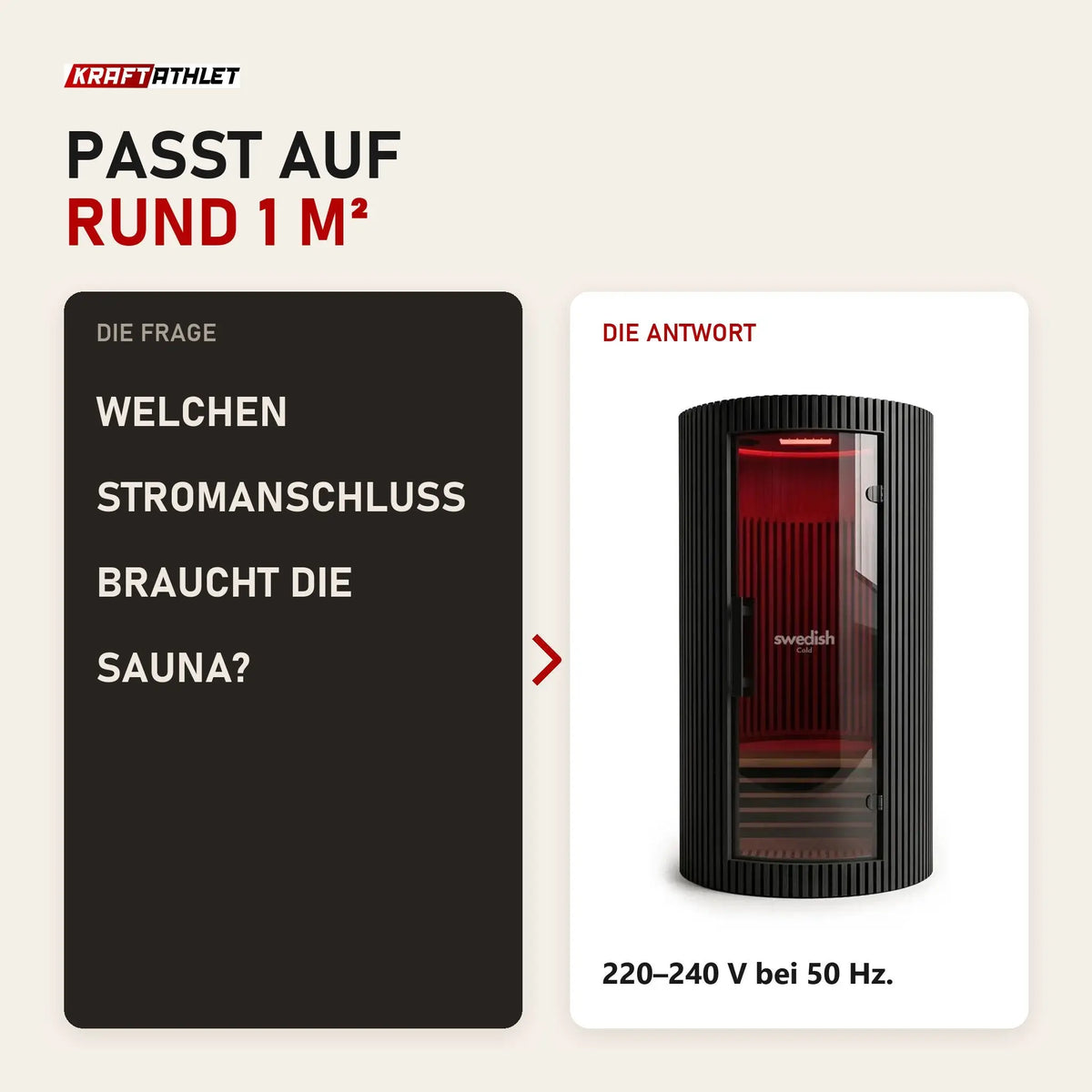 Frage und Antwort zu Swedish Cold Sanctuary Solo Infrarotsauna: Welchen Stromanschluss braucht die Sauna?