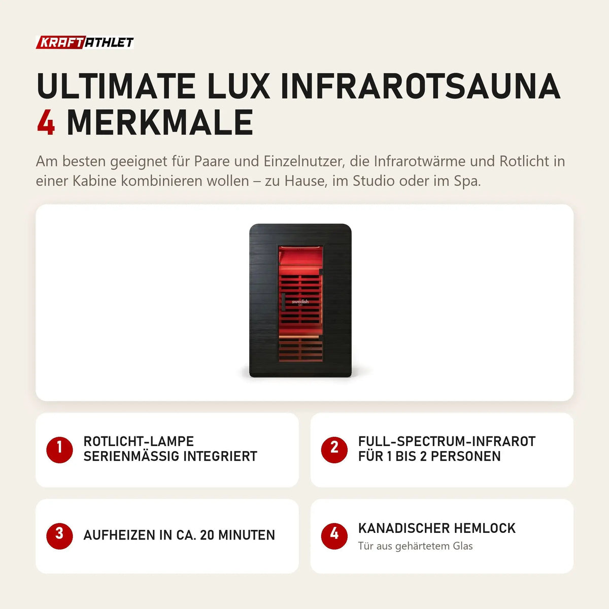 Swedish Cold Ultimate Lux Infrarotsauna mit 4 Merkmalen: Rotlicht-Lampe serienmäßig integriert, Full-Spectrum-Infrarot für 1 bis 2 Personen, Aufheizen in ca. 20 Minuten, Kanadischer Hemlock