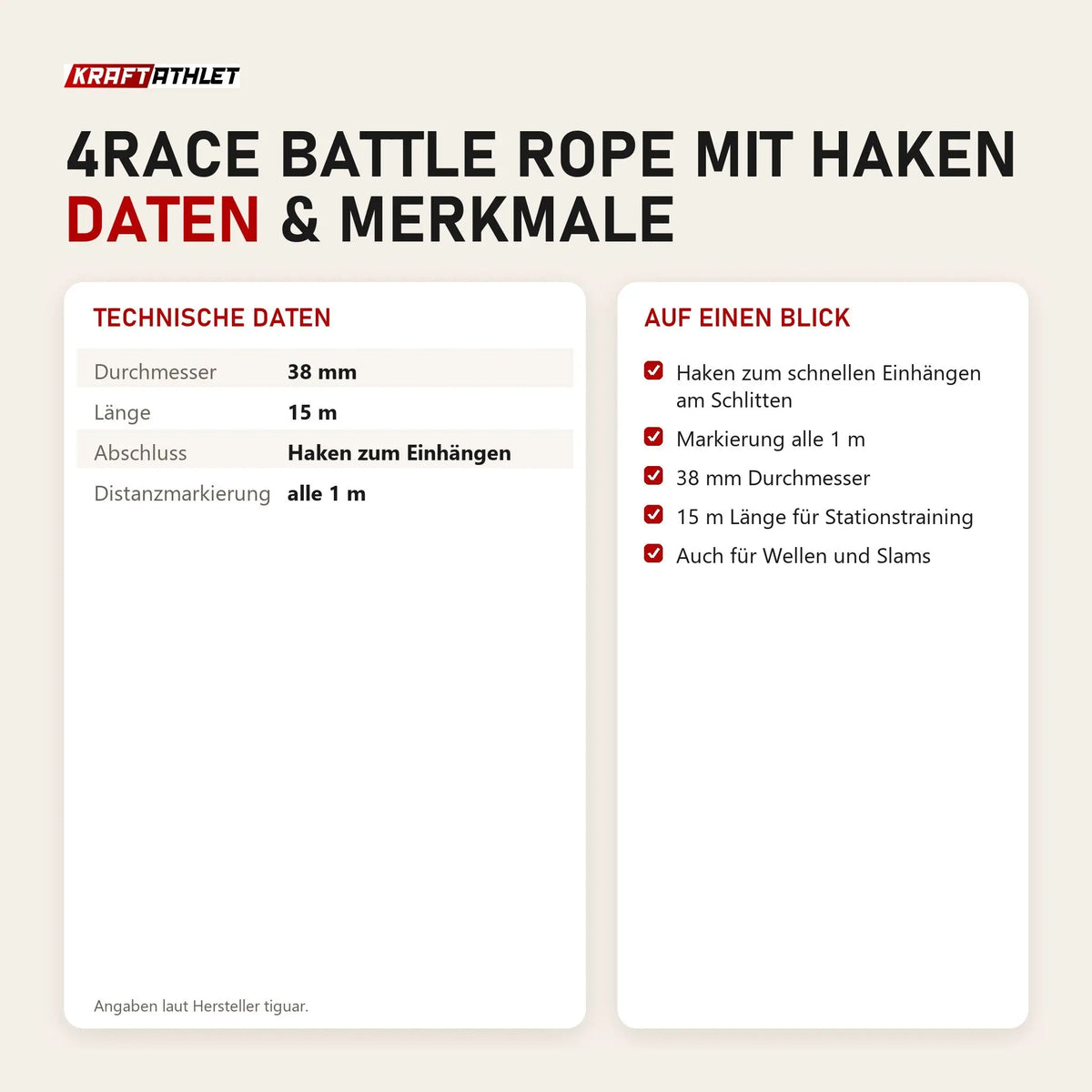Technische Daten und Merkmale von tiguar 4RACE Battle Rope mit Haken als Tabelle