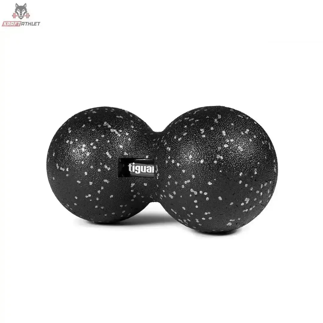 tiguar Duo Ball 24/12 cm Faszienball hart in Schwarz mit weißen Sprenkeln, Seitenansicht der beiden verbundenen Kugeln