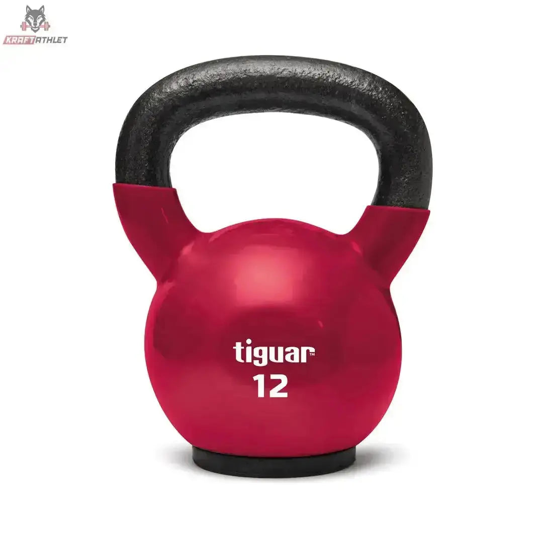 tiguar Kettlebell 12 kg Vinyl in Frontansicht, rote Kugel mit schwarzem Griff und Logo