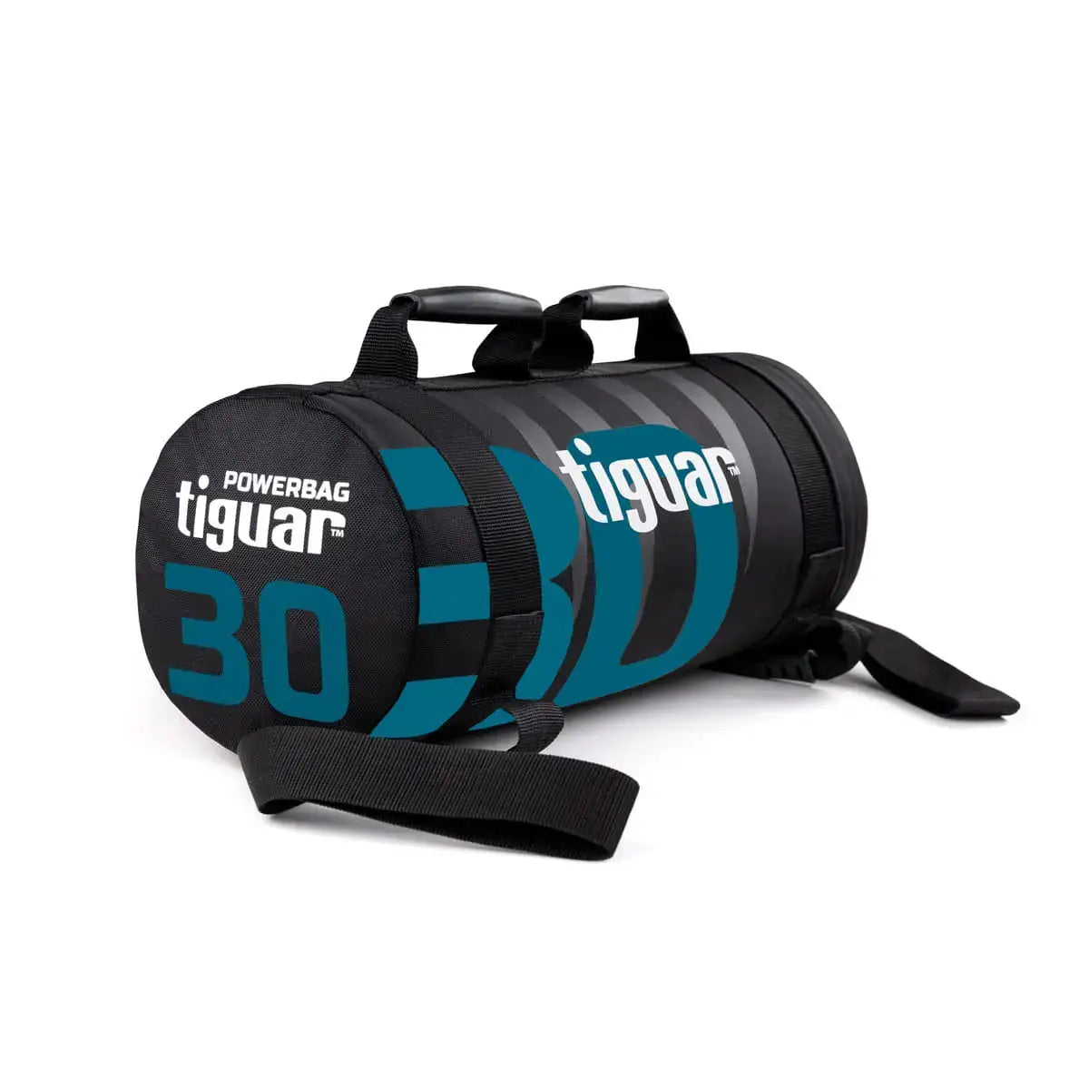 tiguar Powerbag 30 kg, Schrägansicht mit Griffen, schwarz mit blauen Streifen