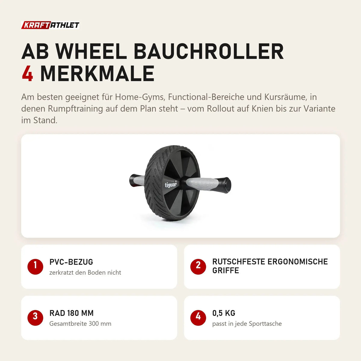 tiguar AB Wheel Bauchroller mit 4 Merkmalen: PVC-Bezug, Rutschfeste ergonomische Griffe, Rad 180 mm, 0,5 kg