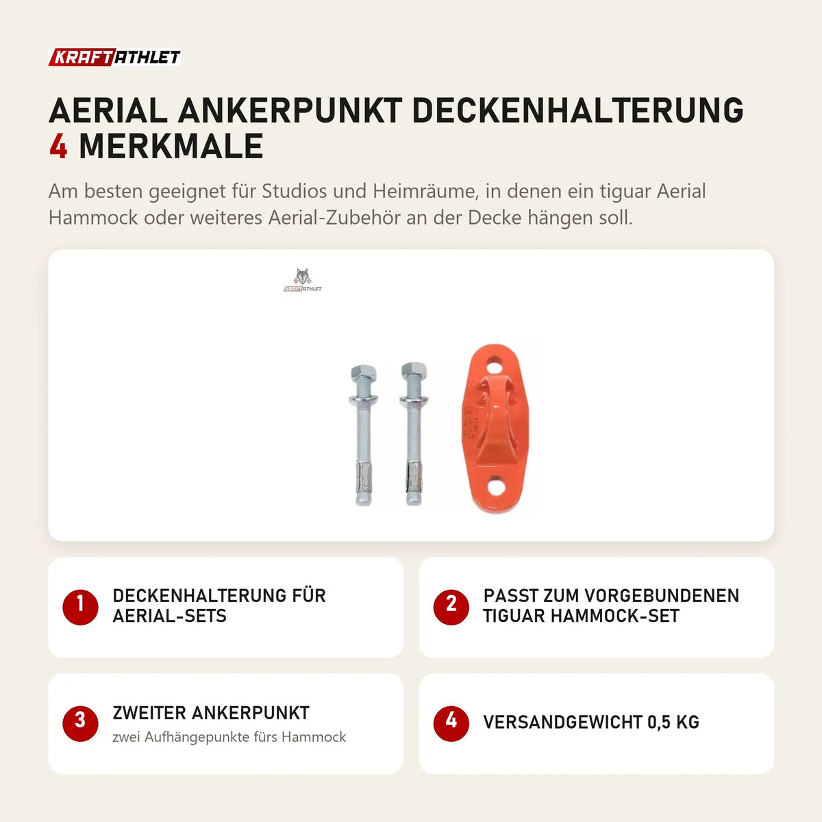 tiguar Aerial Ankerpunkt Deckenhalterung mit 4 Merkmalen: Deckenhalterung für Aerial-Sets, Passt zum vorgebundenen Hammock-Set, Zweiter Ankerpunkt, Versandgewicht 0,5 kg