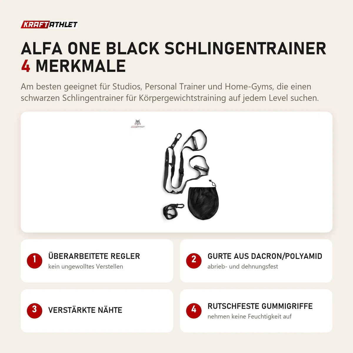 tiguar Alfa One Black Schlingentrainer mit 4 Merkmalen: Überarbeitete Regler, Gurte aus Dacron/Polyamid, Verstärkte Nähte, Rutschfeste Gummigriffe