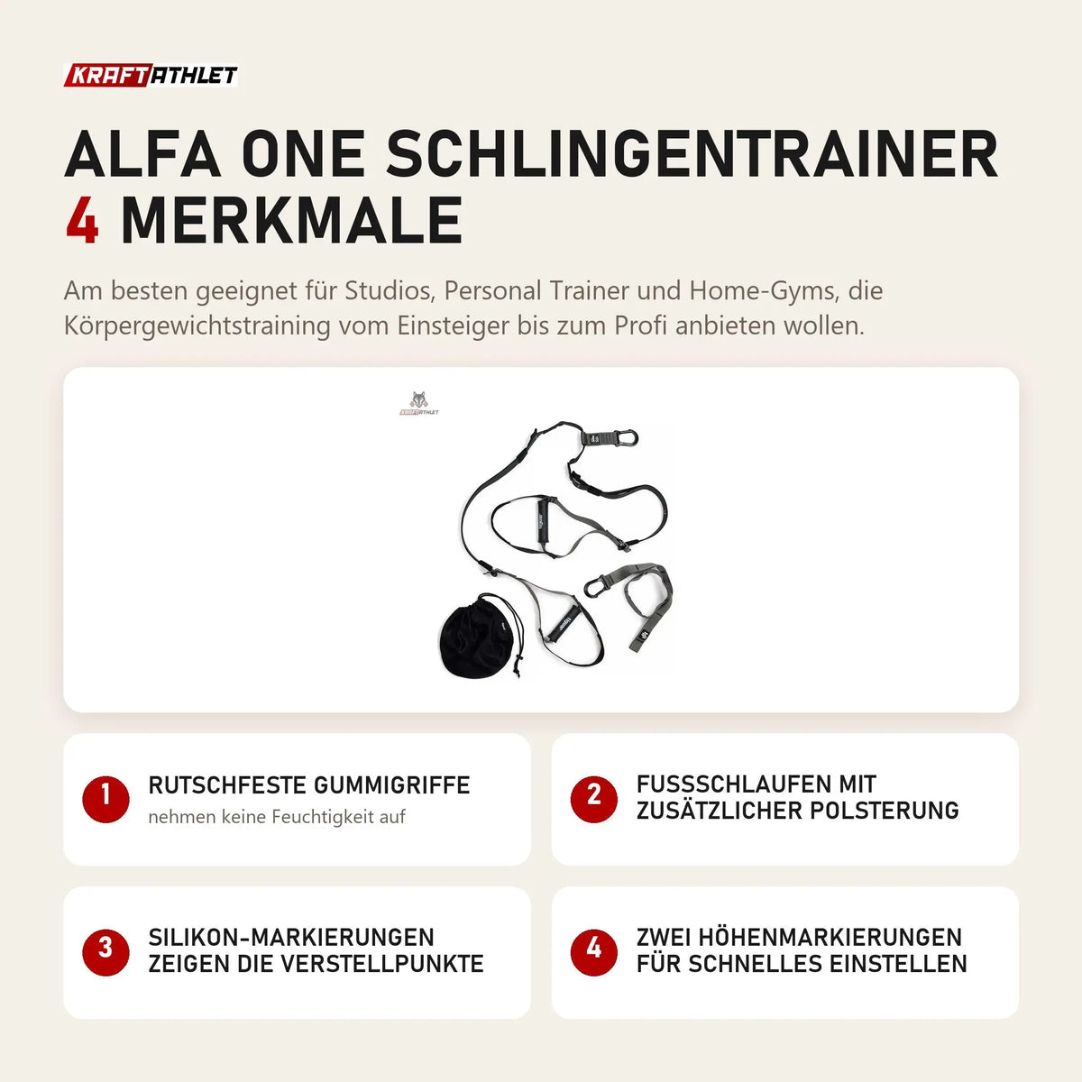 tiguar Alfa One Schlingentrainer mit 4 Merkmalen: Rutschfeste Gummigriffe, Fußschlaufen mit zusätzlicher Polsterung, Silikon-Markierungen zeigen die Verstellpunkte, Zwei Höhenmarkierungen für schnelles Einstellen