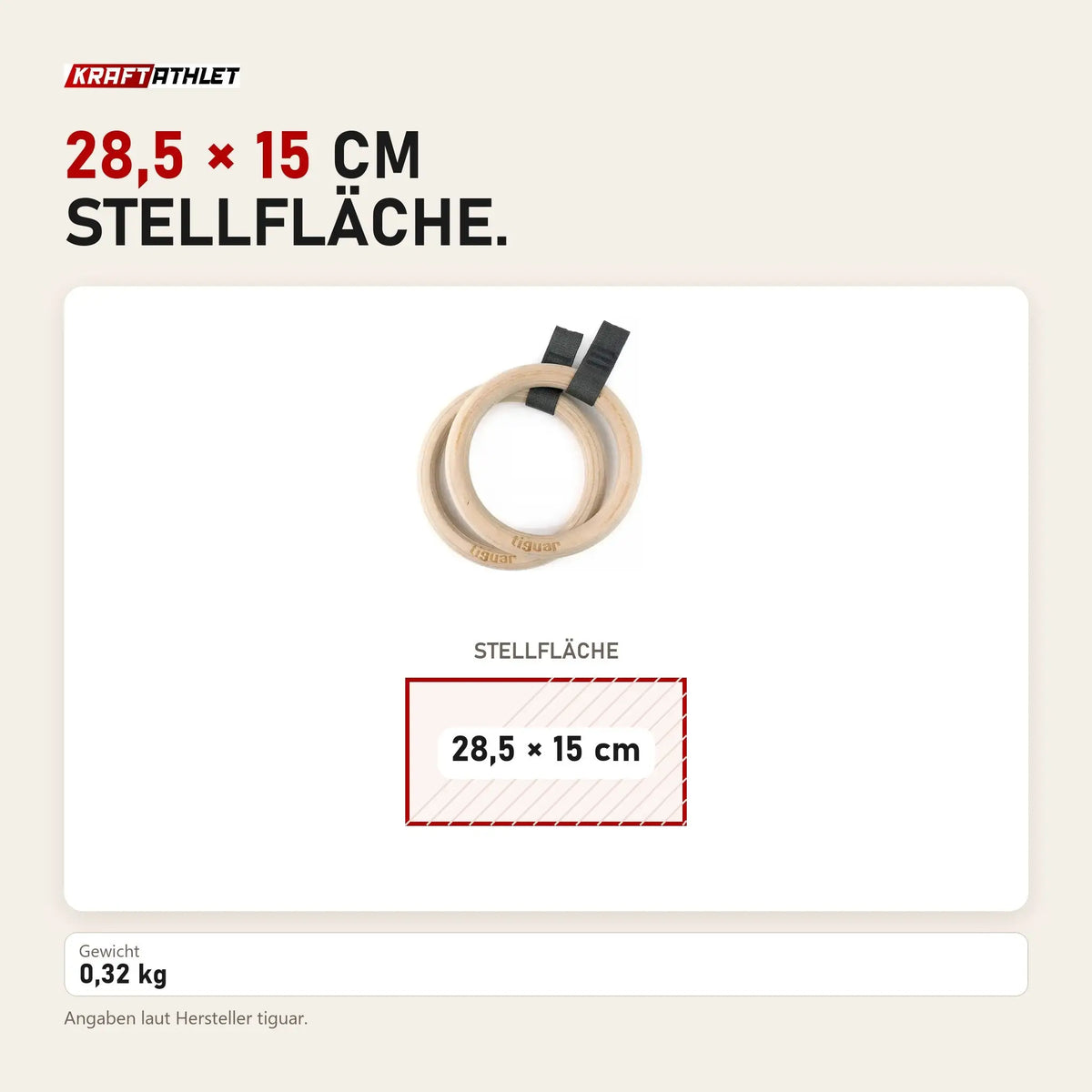 Maßbild tiguar Alfa Turnringe Gurtringe mit Gummigriff: Stellfläche 28,5 × 15 cm