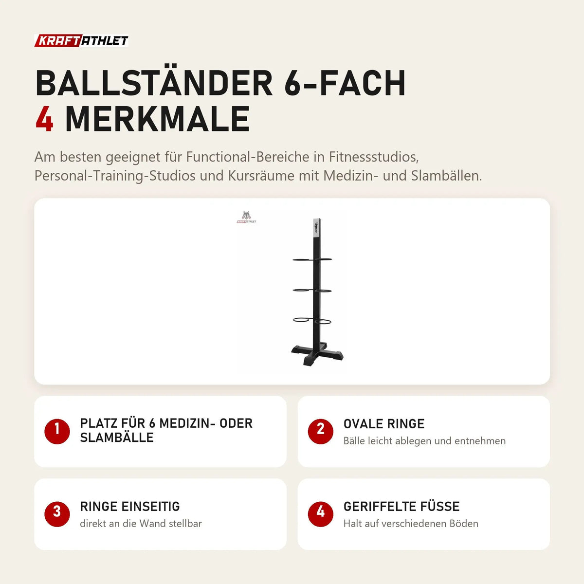 tiguar Ballständer 6-fach mit 4 Merkmalen: Platz für 6 Medizin- oder Slambälle, Ovale Ringe, Ringe einseitig, Geriffelte Füße
