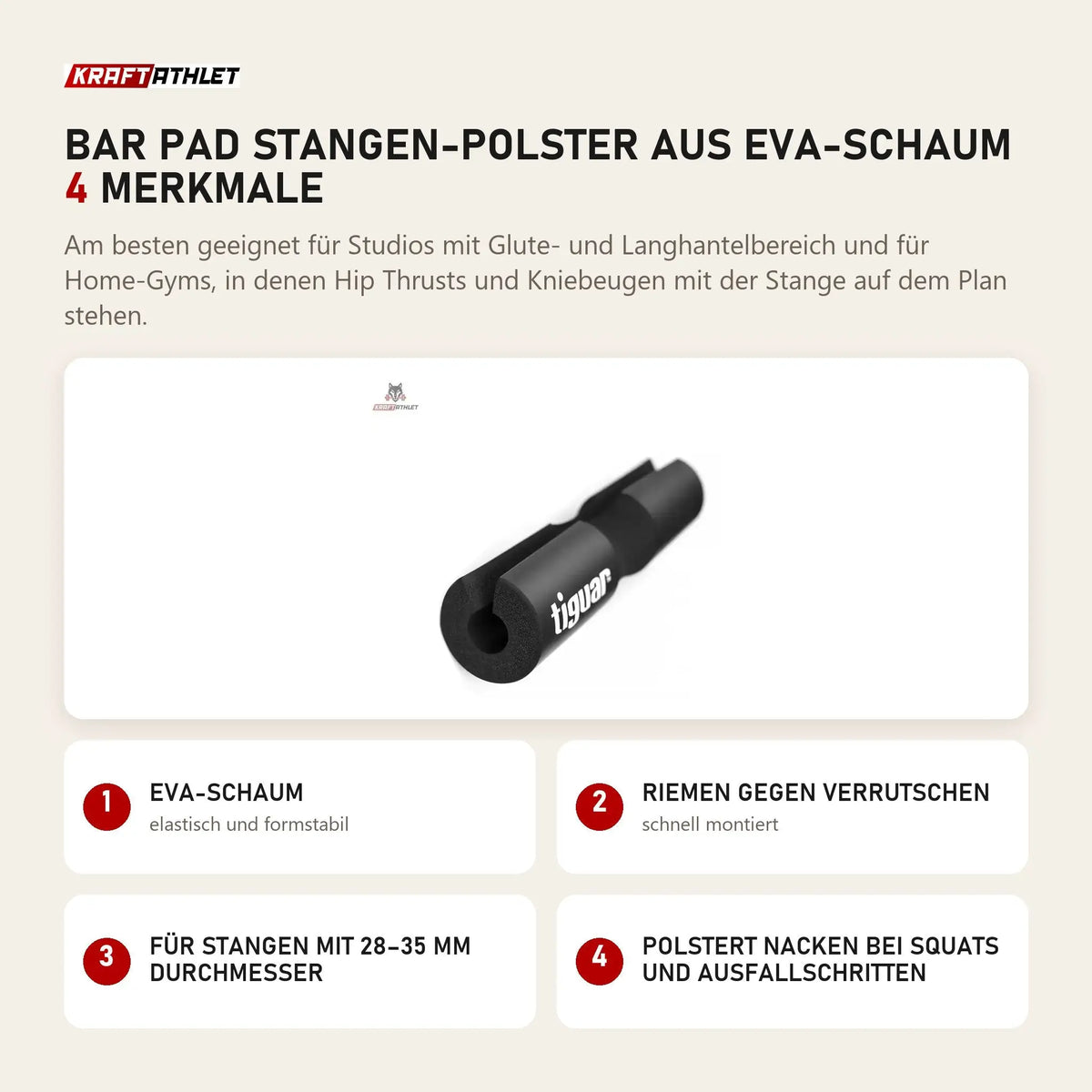 tiguar Bar Pad Stangen-Polster aus EVA-Schaum mit 4 Merkmalen: EVA-Schaum, Riemen gegen Verrutschen, Für Stangen mit 28–35 mm Durchmesser, Polstert Nacken bei Squats und Ausfallschritten