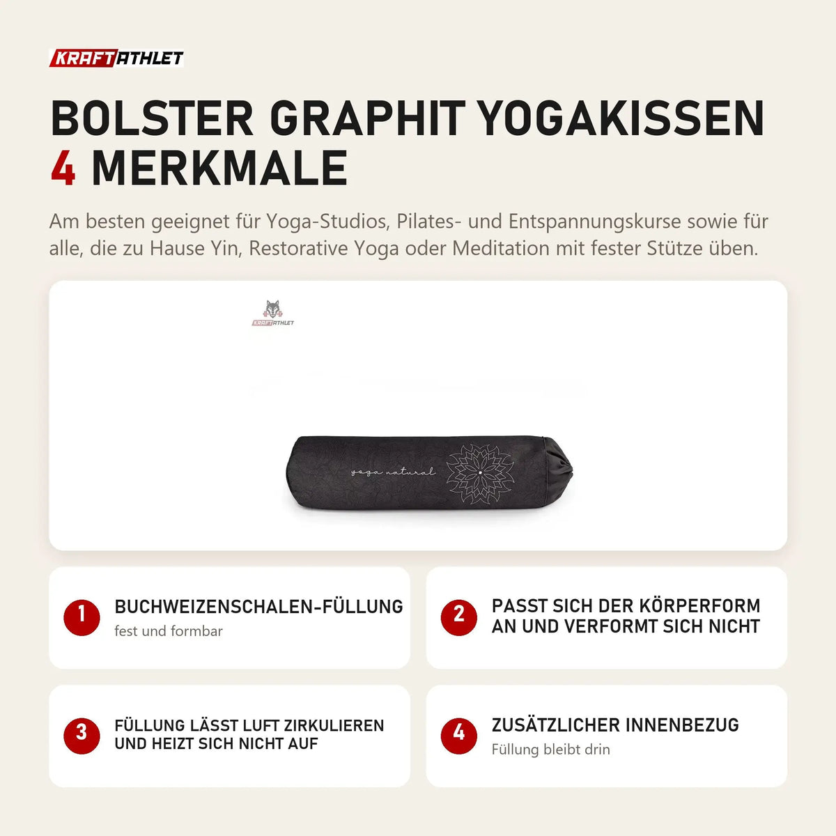 tiguar Bolster Graphit Yogakissen mit 4 Merkmalen: Buchweizenschalen-Füllung, Passt sich der Körperform an und verformt sich nicht, Füllung lässt Luft zirkulieren und heizt sich nicht auf, Zusätzlicher Innenbezug