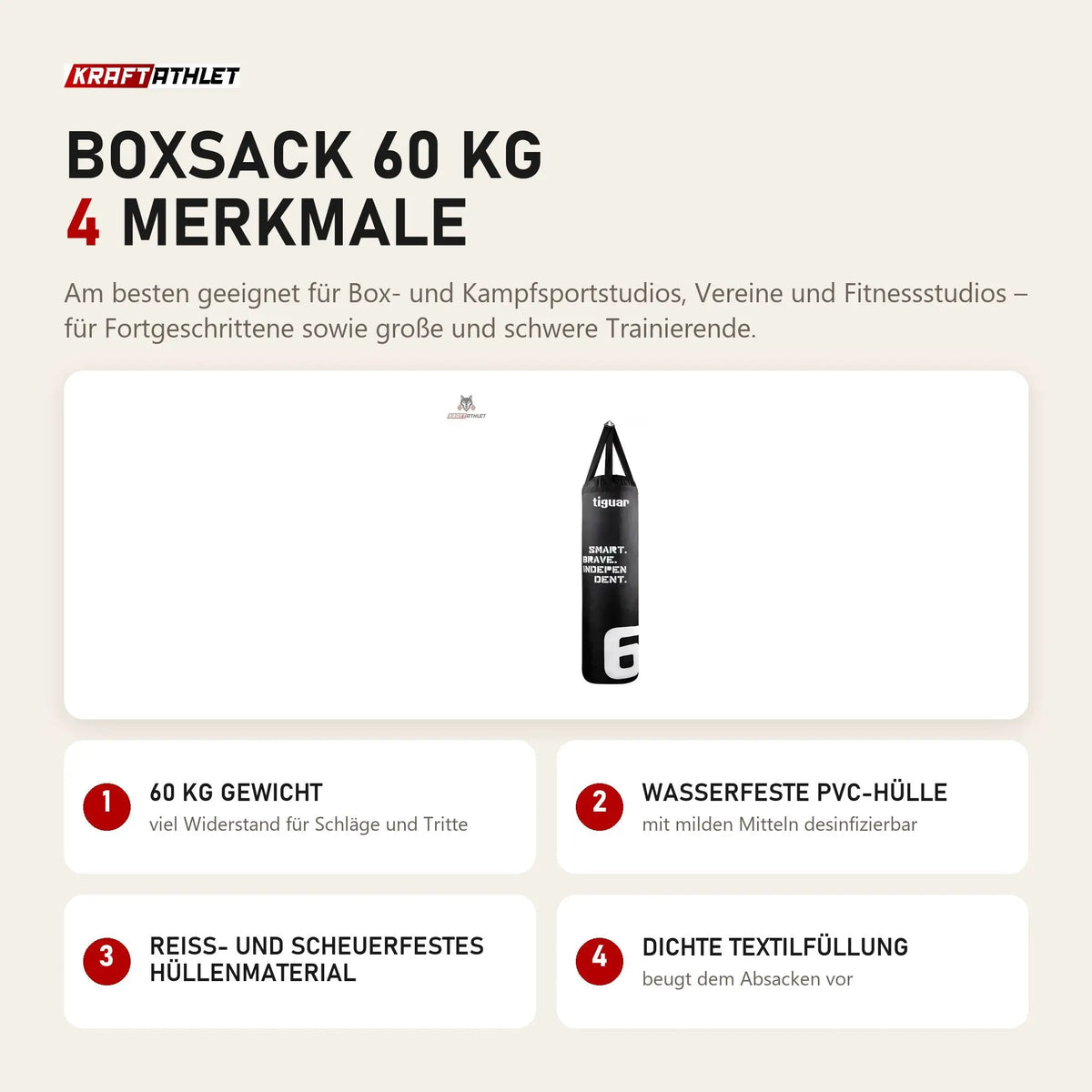 tiguar Boxsack 60 kg mit 4 Merkmalen: 60 kg Gewicht, Wasserfeste PVC-Hülle, Reiß- und scheuerfestes Hüllenmaterial, Dichte Textilfüllung
