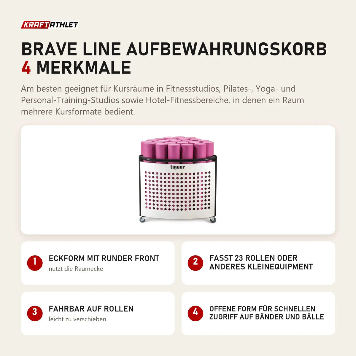 tiguar Brave Line Aufbewahrungskorb mit 4 Merkmalen: Eckform mit runder Front, Fasst 23 Rollen oder anderes Kleinequipment, Fahrbar auf Rollen, Offene Form für schnellen Zugriff auf Bänder und Bälle