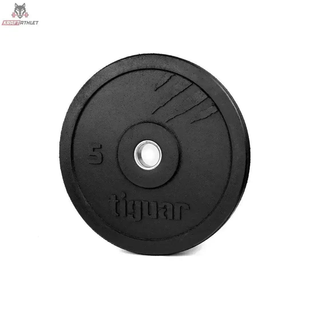 tiguar Bumper Plate 20 kg V2 aus Recycling-Gummi, Variante 5 kg in Schwarz, Frontansicht