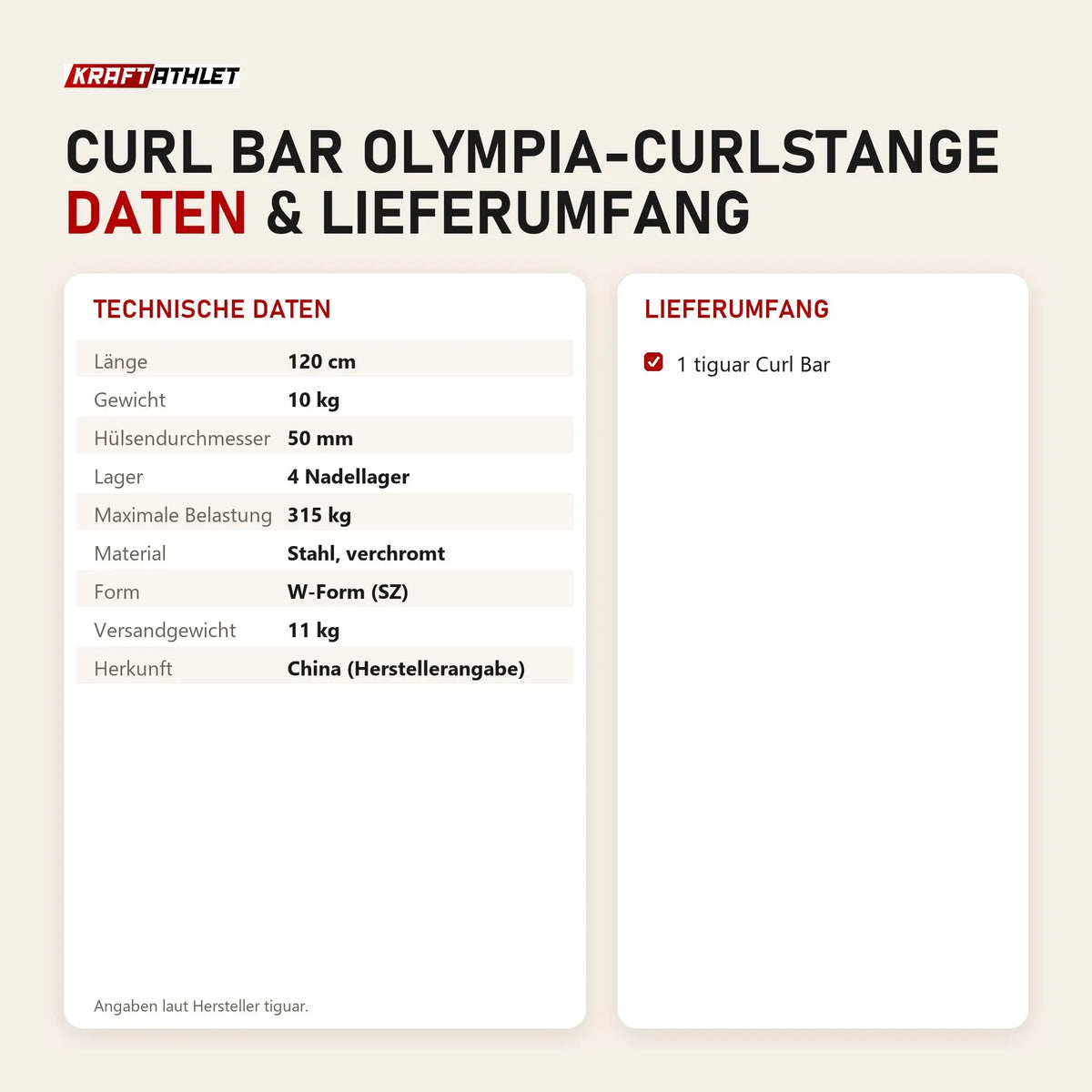 Technische Daten und Lieferumfang von tiguar Curl Bar Olympia-Curlstange als Tabelle