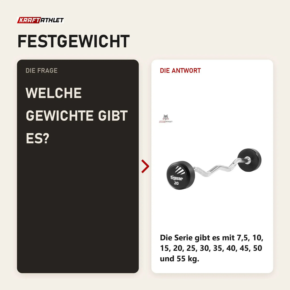 Frage und Antwort zu tiguar Curl PU Langhantel 20 kg: Welche Gewichte gibt es?