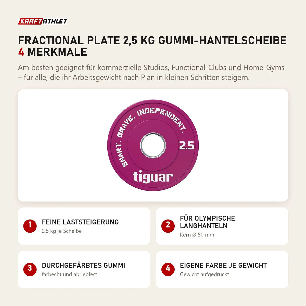tiguar Fractional Plate 2,5 kg Gummi-Hantelscheibe mit 4 Merkmalen: Feine Laststeigerung, Für olympische Langhanteln, Durchgefärbtes Gummi, Eigene Farbe je Gewicht