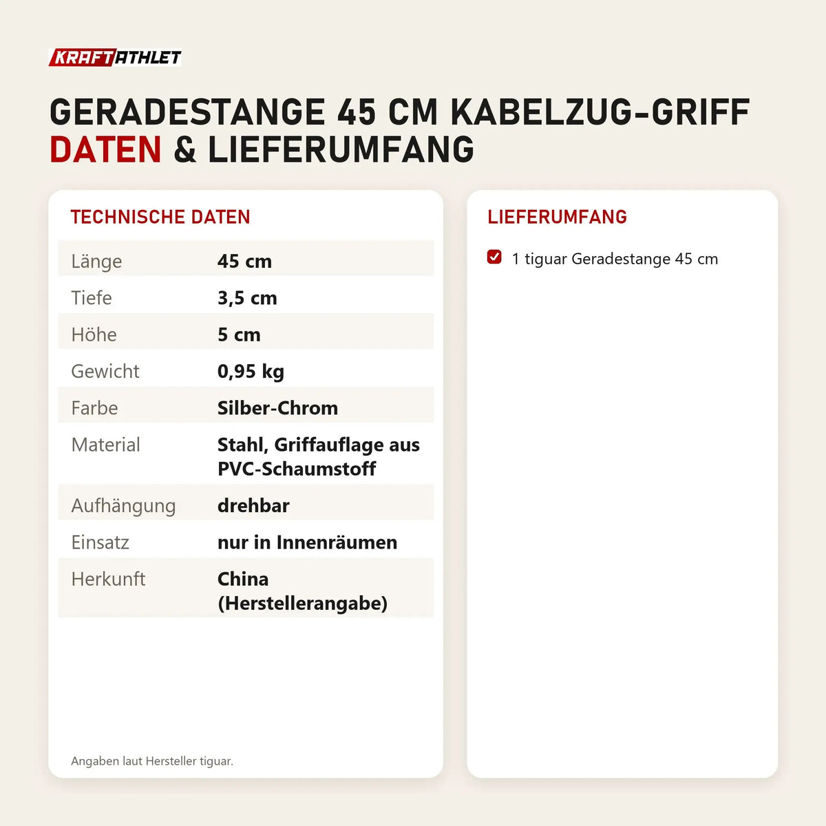 Technische Daten und Lieferumfang von tiguar Geradestange 45 cm Kabelzug-Griff als Tabelle