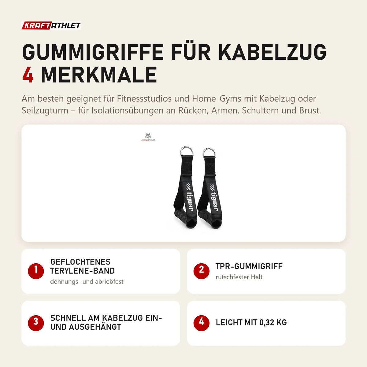 tiguar Gummigriffe für Kabelzug mit 4 Merkmalen: Geflochtenes Terylene-Band, TPR-Gummigriff, Schnell am Kabelzug ein- und ausgehängt, Leicht mit 0,32 kg