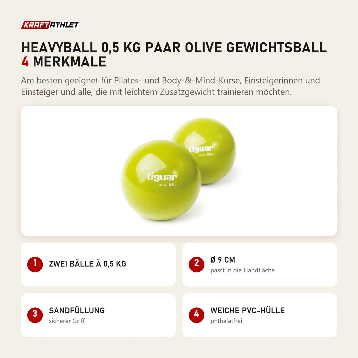 tiguar Heavyball 0,5 kg Paar Olive Gewichtsball mit 4 Merkmalen: Zwei Bälle à 0,5 kg, Ø 9 cm, Sandfüllung, Weiche PVC-Hülle
