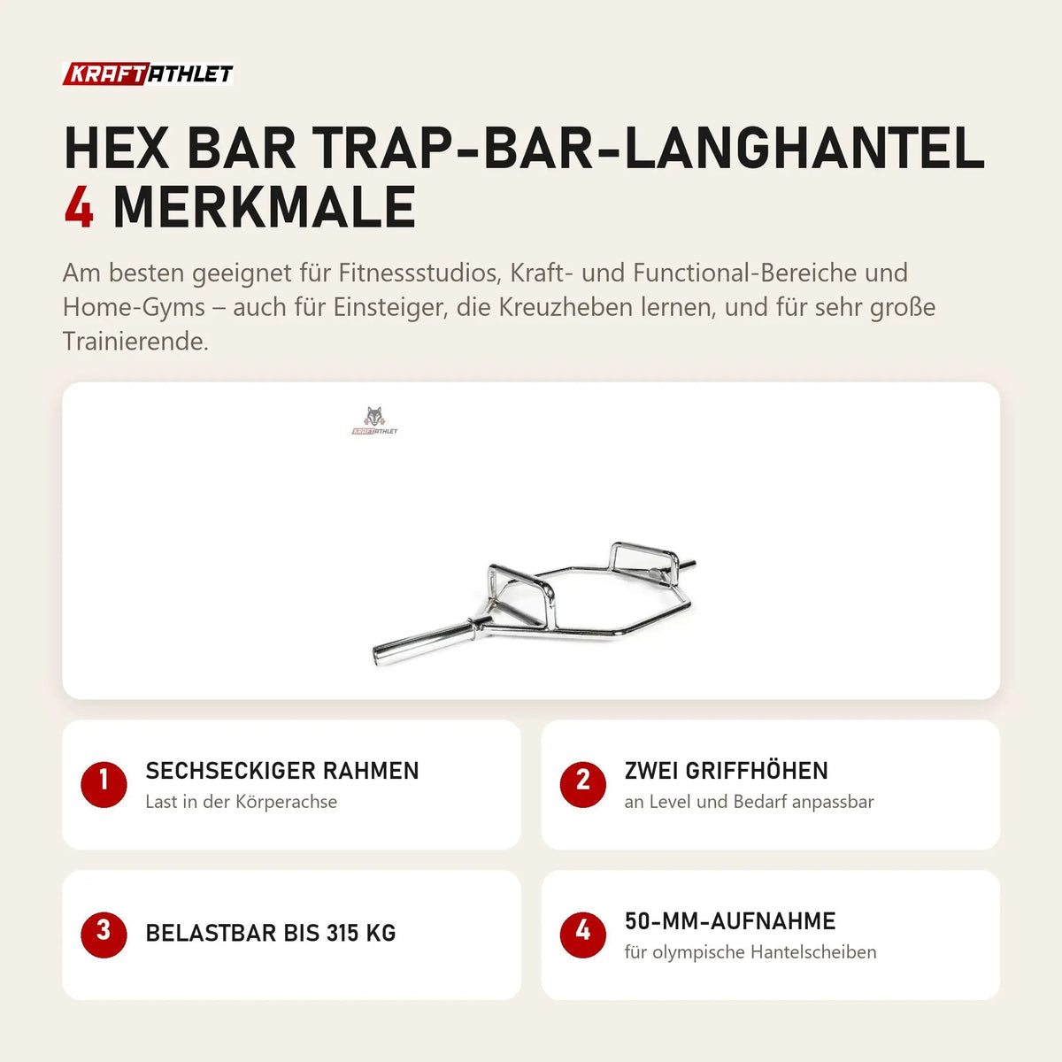 tiguar Hex Bar Trap-Bar-Langhantel mit 4 Merkmalen: Sechseckiger Rahmen, Zwei Griffhöhen, Belastbar bis 315 kg, 50-mm-Aufnahme