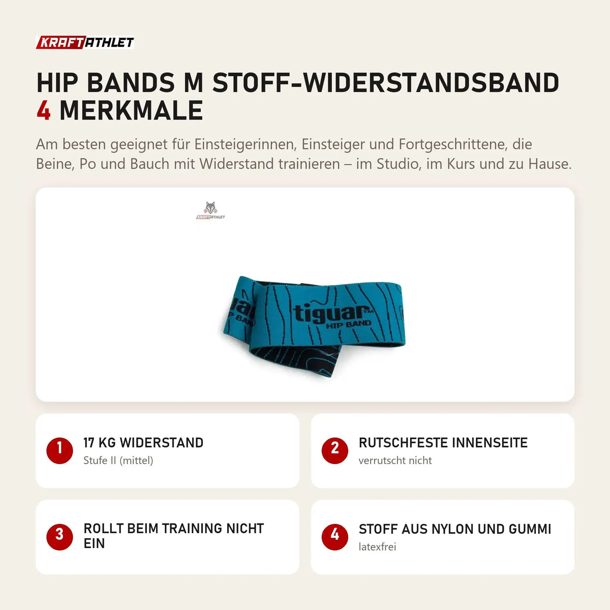 tiguar Hip Bands M Stoff-Widerstandsband mit 4 Merkmalen: 17 kg Widerstand, Rutschfeste Innenseite, Rollt beim Training nicht ein, Stoff aus Nylon und Gummi