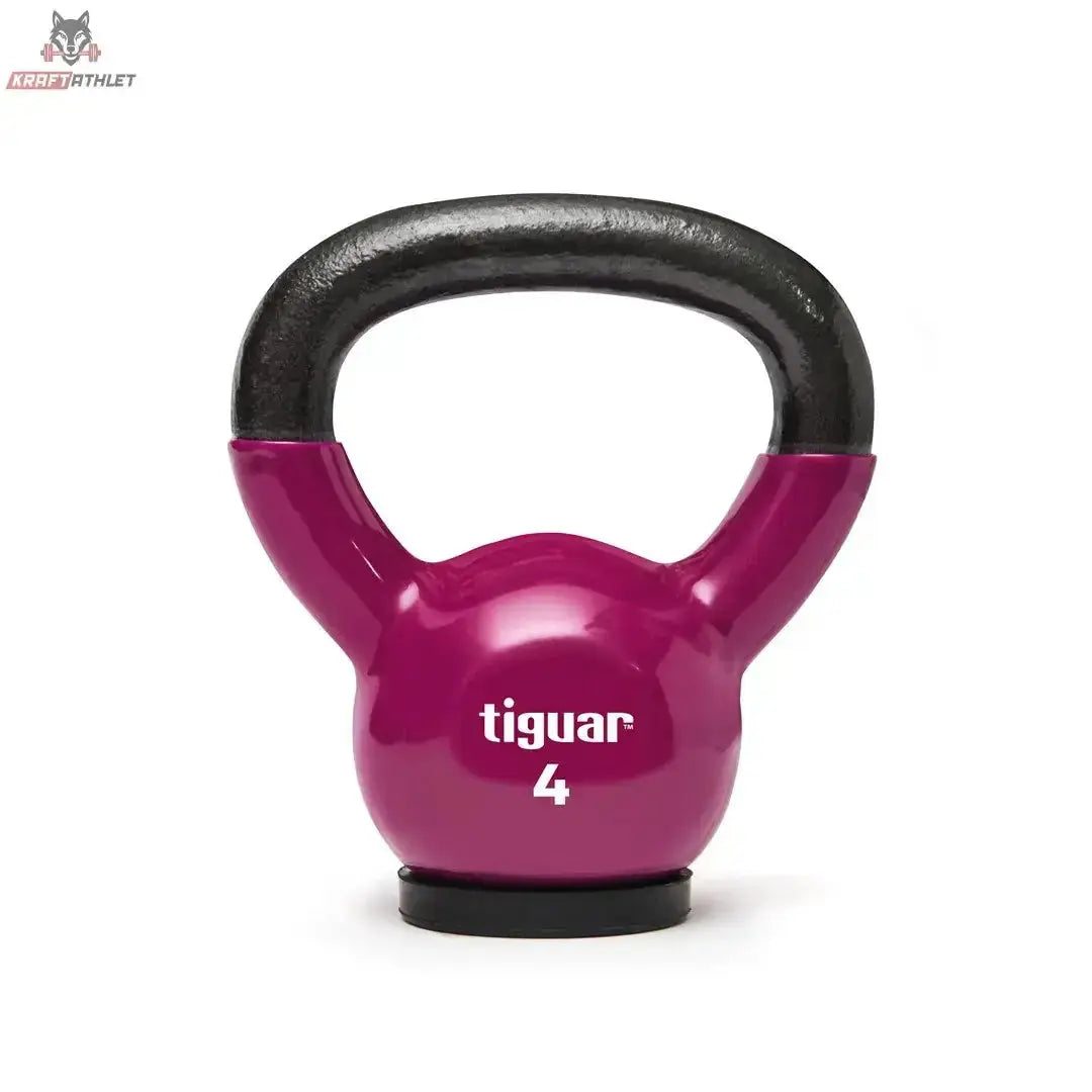 tiguar Kettlebell 4 kg Vinyl in Lila mit schwarzem Griff, Frontansicht der 4-kg-Ausführung