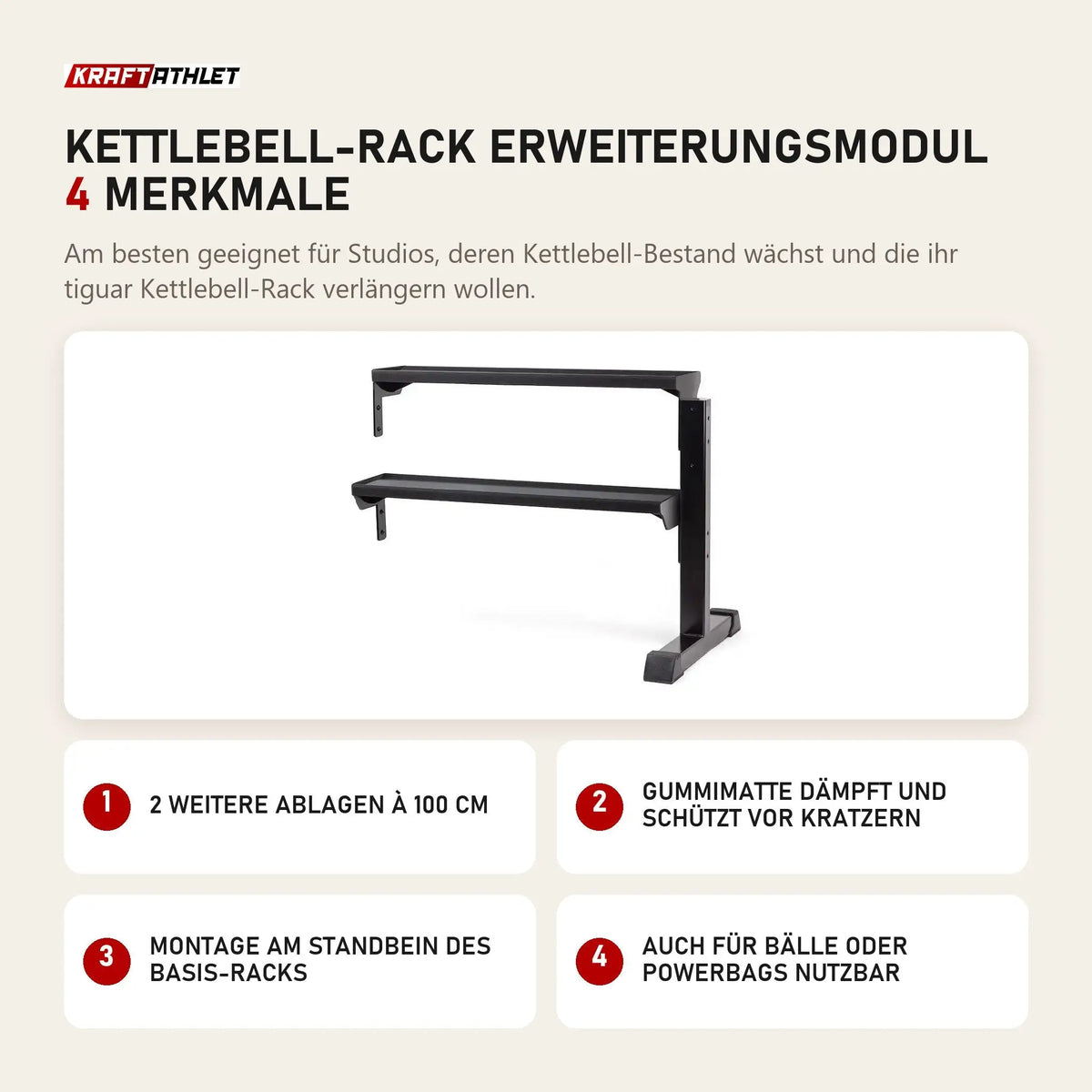 tiguar Kettlebell-Rack Erweiterungsmodul mit 4 Merkmalen: 2 weitere Ablagen à 100 cm, Gummimatte dämpft und schützt vor Kratzern, Montage am Standbein des Basis-Racks, Auch für Bälle oder Powerbags nutzbar