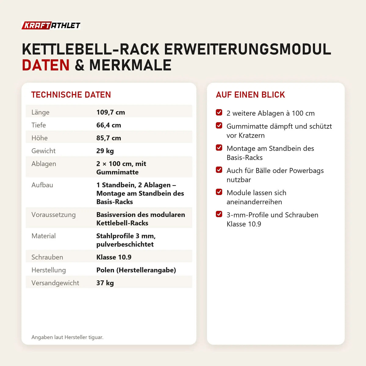 Technische Daten und Merkmale von tiguar Kettlebell-Rack Erweiterungsmodul als Tabelle