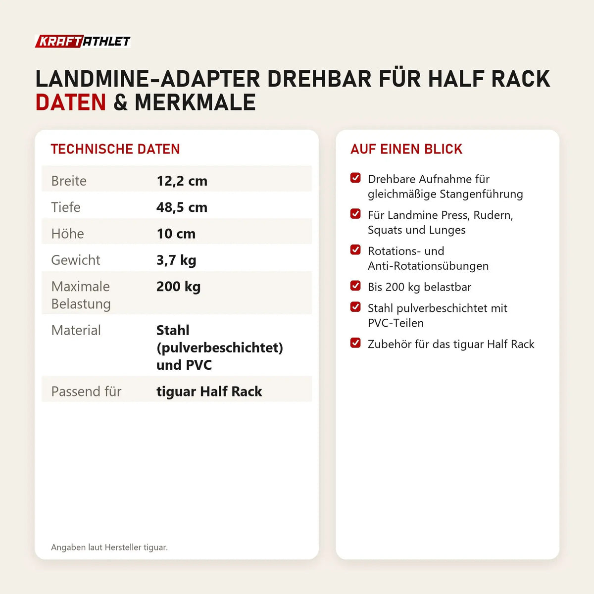 Technische Daten und Merkmale von tiguar Landmine-Adapter drehbar für Half Rack als Tabelle