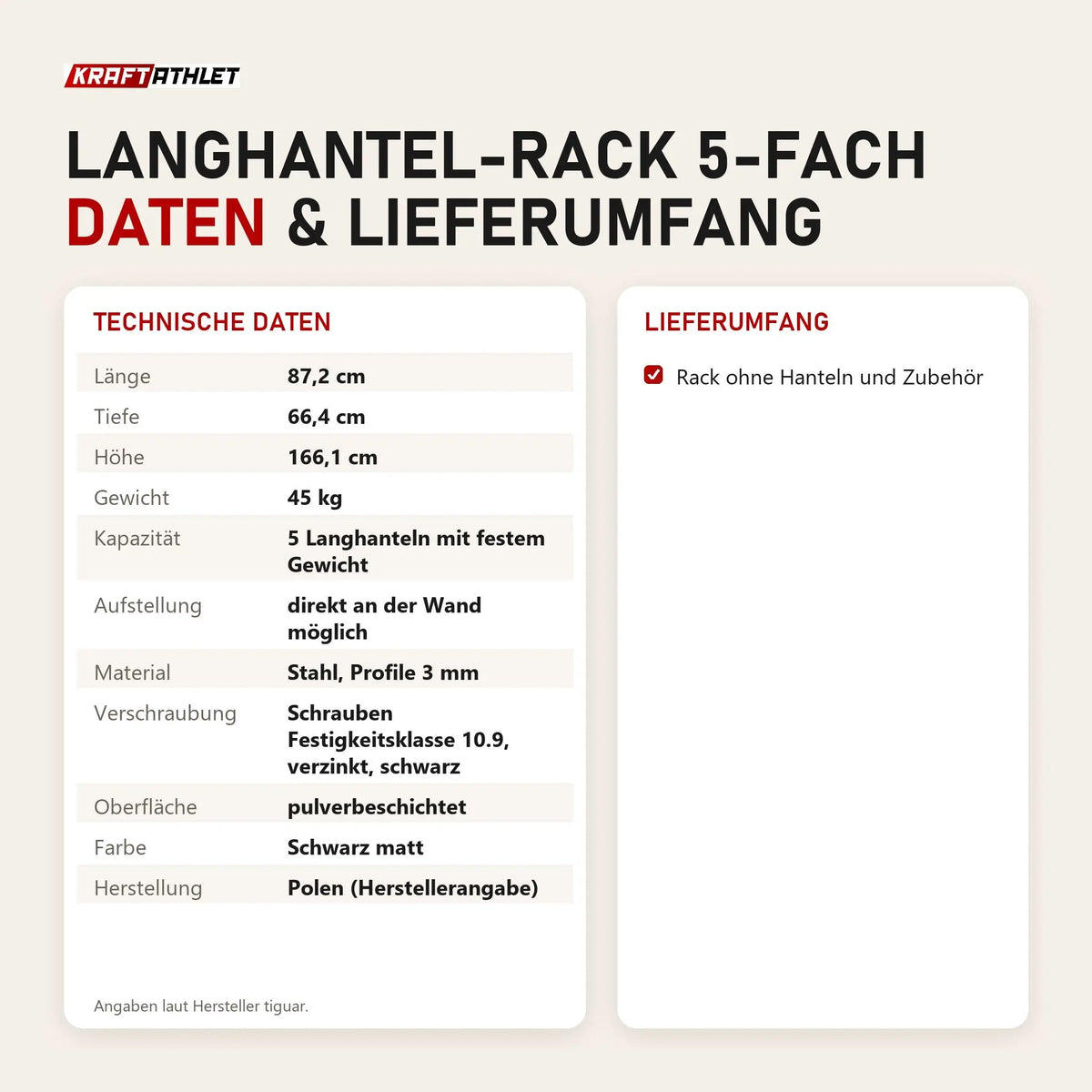 Technische Daten und Lieferumfang von tiguar Langhantel-Rack 5-fach als Tabelle