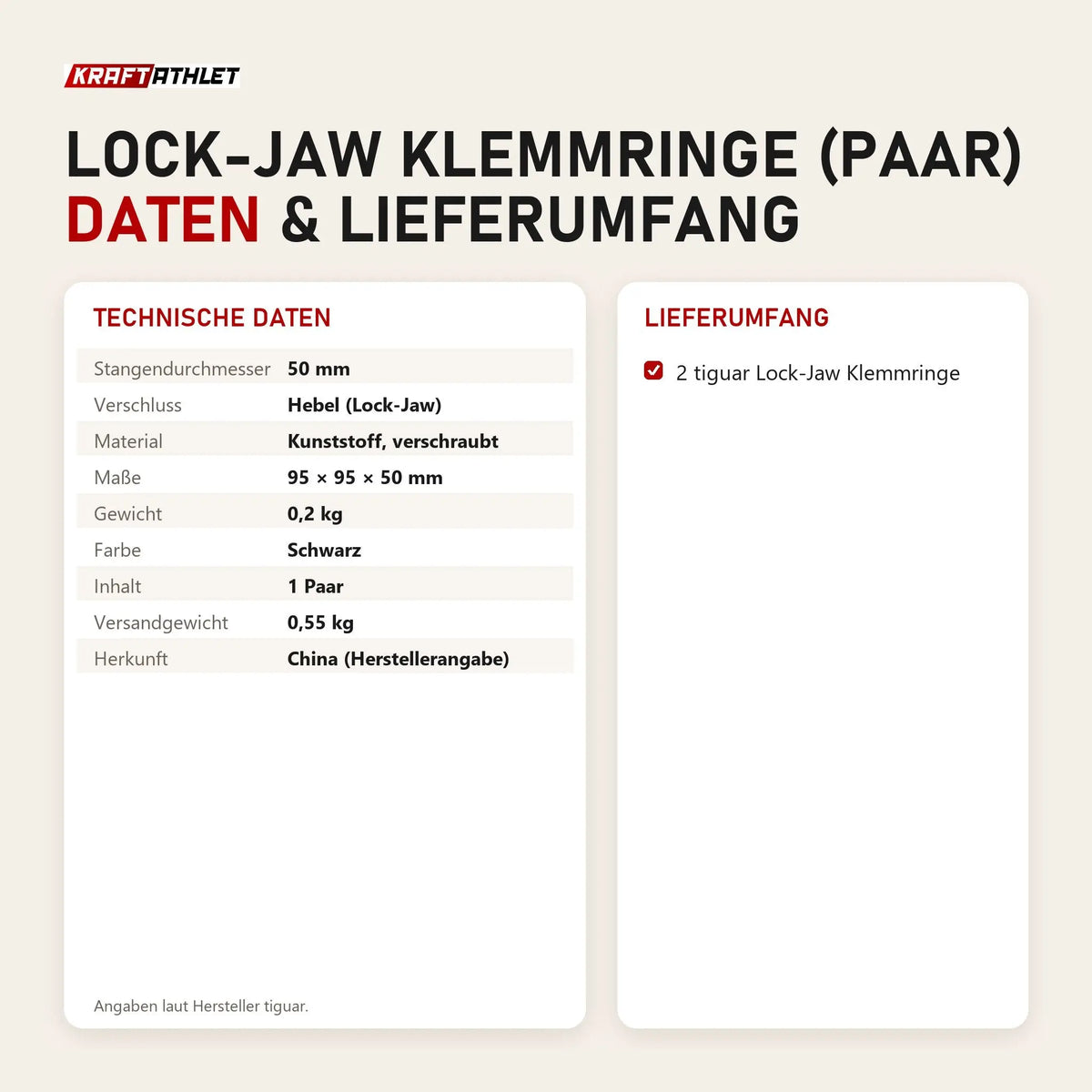 Technische Daten und Lieferumfang von tiguar Lock-Jaw Klemmringe (Paar) als Tabelle