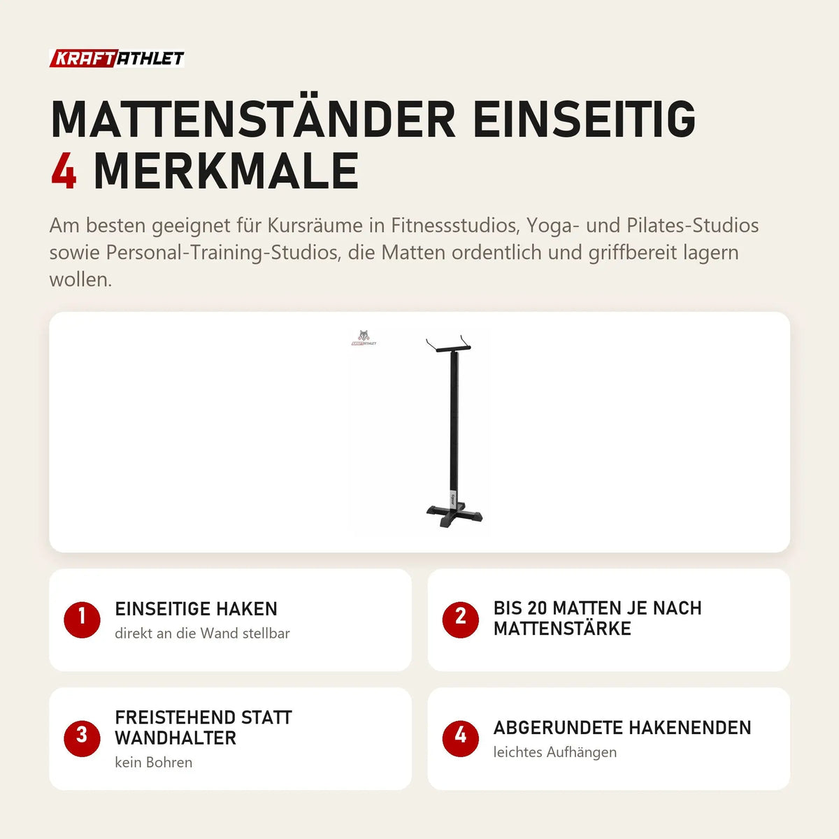 tiguar Mattenständer einseitig mit 4 Merkmalen: Einseitige Haken, Bis 20 Matten je nach Mattenstärke, Freistehend statt Wandhalter, Abgerundete Hakenenden