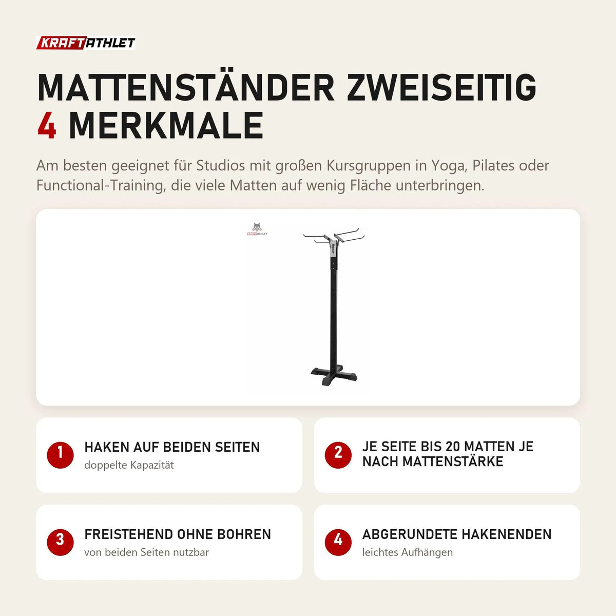 tiguar Mattenständer zweiseitig mit 4 Merkmalen: Haken auf beiden Seiten, Je Seite bis 20 Matten je nach Mattenstärke, Freistehend ohne Bohren, Abgerundete Hakenenden