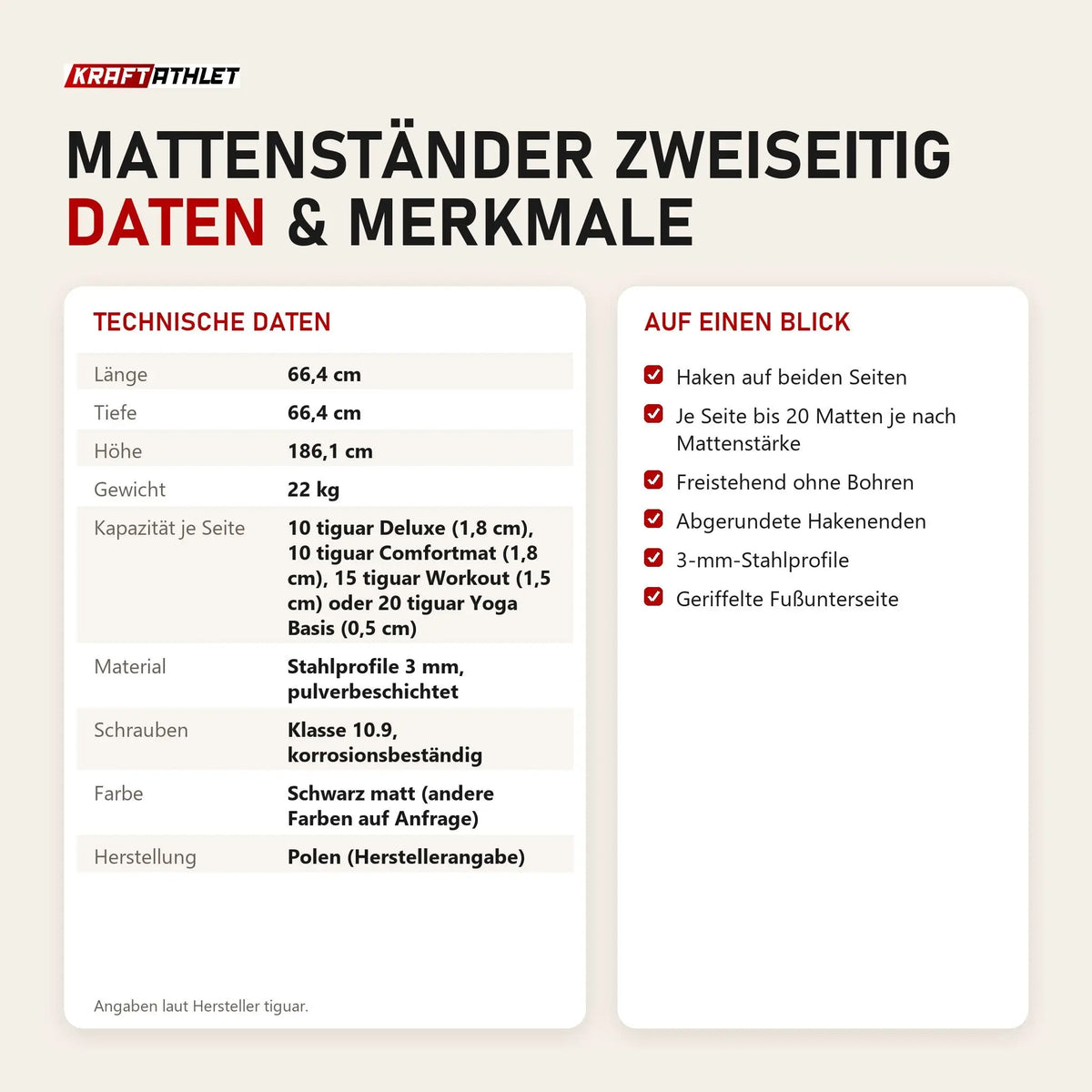 Technische Daten und Merkmale von tiguar Mattenständer zweiseitig als Tabelle