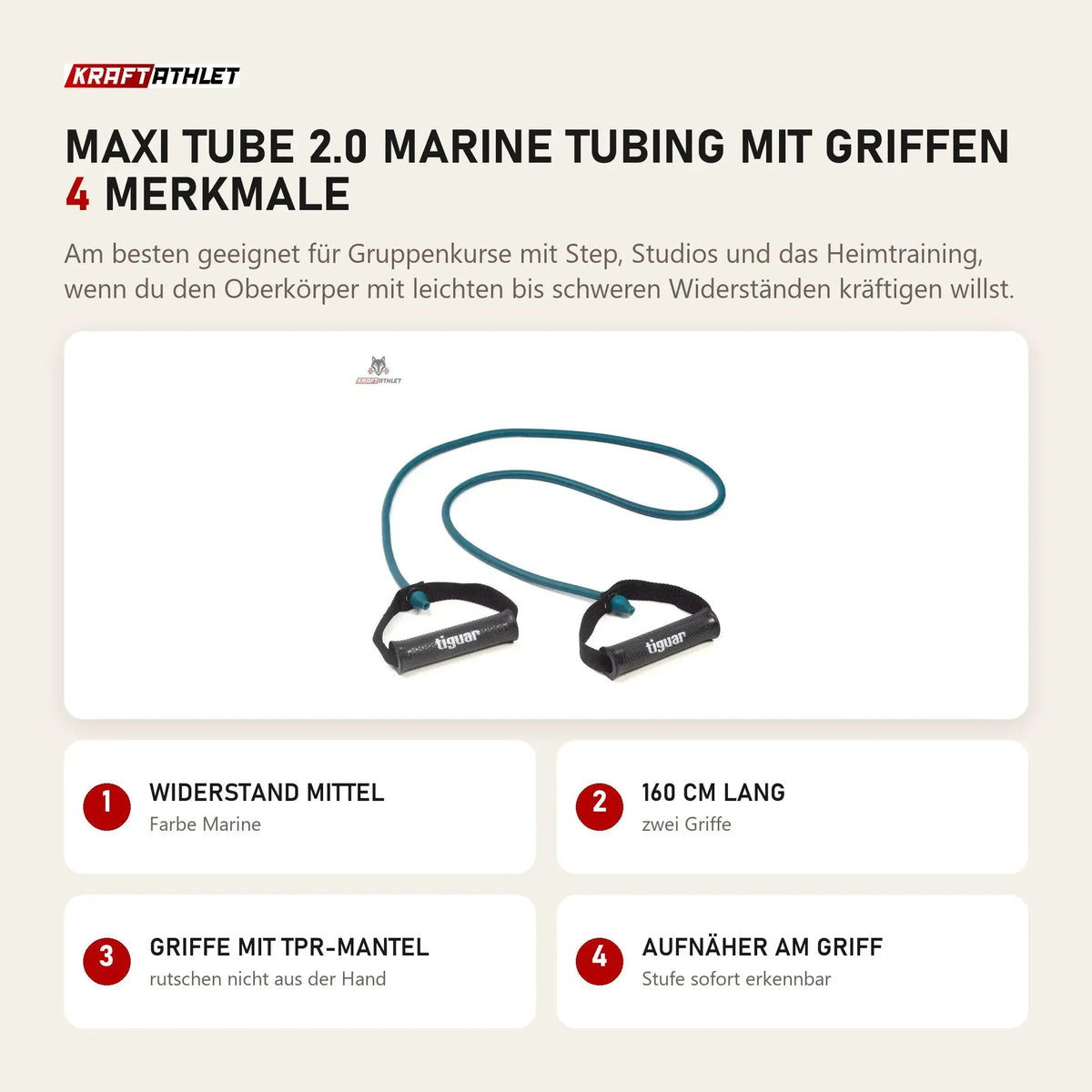 tiguar Maxi Tube 2.0 Marine Tubing mit Griffen mit 4 Merkmalen: Widerstand mittel, 160 cm lang, Griffe mit TPR-Mantel, Aufnäher am Griff