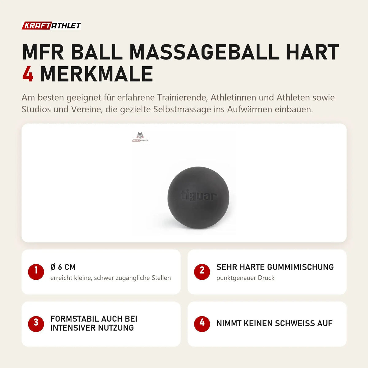 tiguar MFR Ball Massageball hart mit 4 Merkmalen: Ø 6 cm, Sehr harte Gummimischung, Formstabil auch bei intensiver Nutzung, Nimmt keinen Schweiß auf