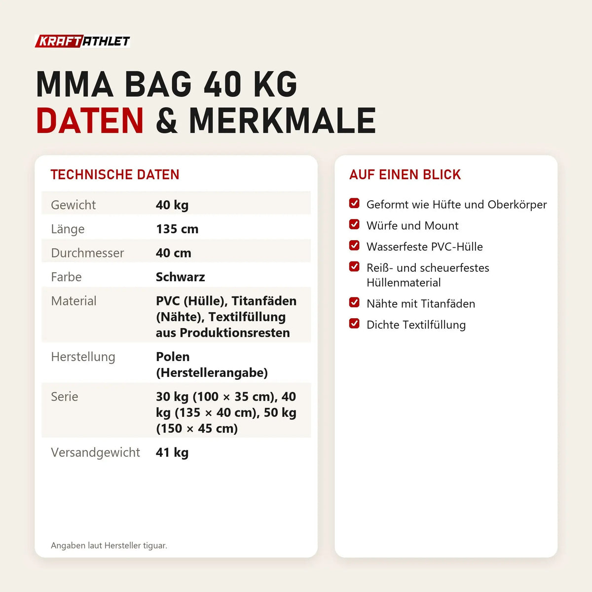 Technische Daten und Merkmale von tiguar MMA Bag 40 kg als Tabelle