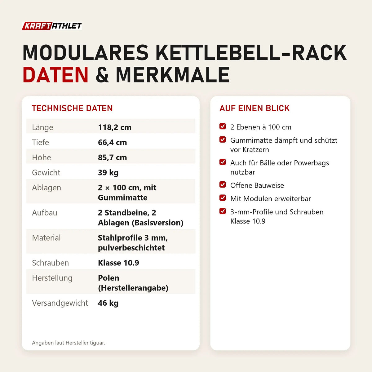 Technische Daten und Merkmale von tiguar Modulares Kettlebell-Rack als Tabelle