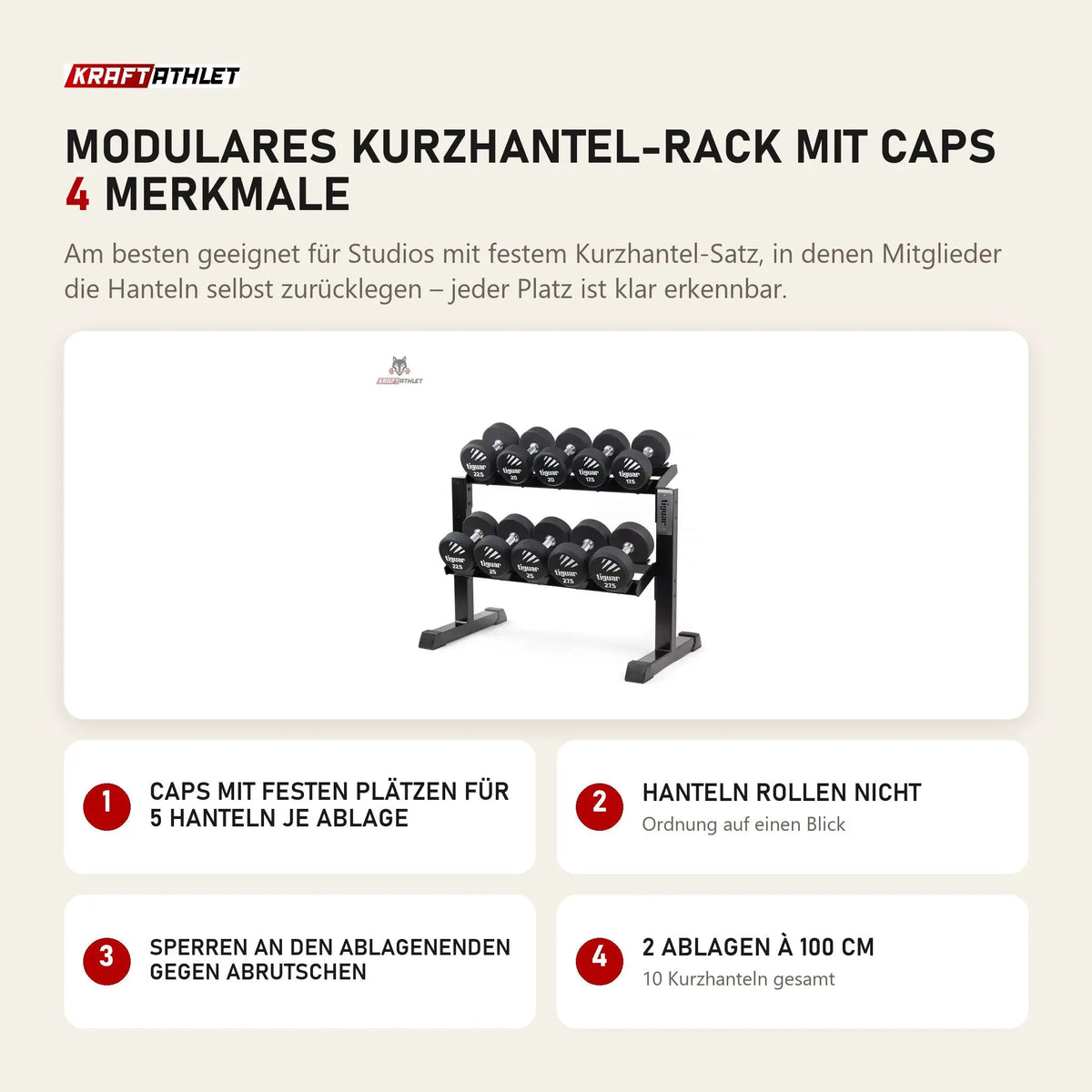 tiguar Modulares Kurzhantel-Rack mit Caps mit 4 Merkmalen: Caps mit festen Plätzen für 5 Hanteln je Ablage, Hanteln rollen nicht, Sperren an den Ablagenenden gegen Abrutschen, 2 Ablagen à 100 cm