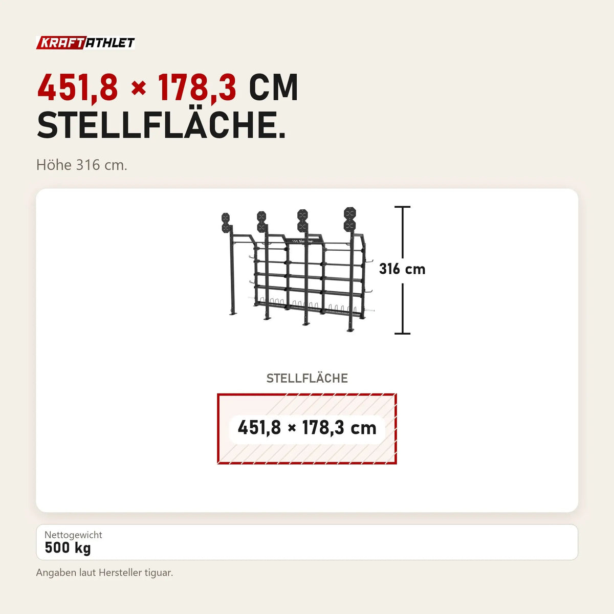 Maßbild tiguar Multifunktions-Rig 4RACE: Stellfläche 451,8 × 178,3 cm, Höhe 316 cm